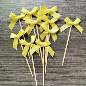10pcs yellow ribbon bow cake toppers wooden dessert picks for party baking decoration