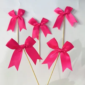 Pink satin bow cake toppers for birthday party baking dessert decoration, 5 pieces.