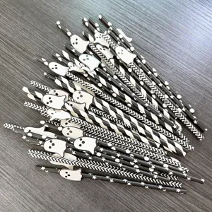 Halloween black and white paper straws with ghost decorations for party drinks and dessert tables