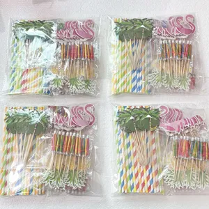 Hawaiian tropical party decoration set with paper straws, flamingo and cocktail umbrella picks.