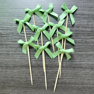 Light green ribbon bow cake toppers 10pcs set bamboo sticks for dessert baking party decor