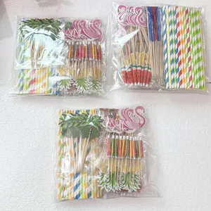 Hawaiian party decoration set detail showing colorful paper straws, flamingo and umbrella picks.