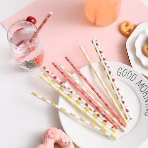 Disposable paper straws with fruit patterns, eco-friendly biodegradable party decoration.