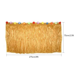 Hawaiian luau table skirt with colorful flowers, 275x75cm grass fringe for party decoration details.