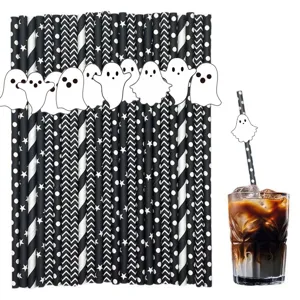 Halloween black and white paper straws set with cute ghost decorations for party table decor