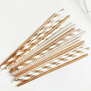 Pailles en papier jetables rose gold rayées et chevrons pour fournitures de fête