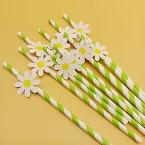 Green striped paper straws with white daisy decorations for party drinks and events use