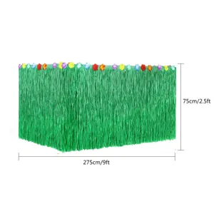 Hawaiian hula table skirt green fringe party decoration with colorful flowers 275x75cm