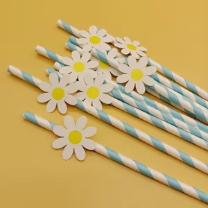 Blue white striped paper straws featuring lovely white daisy flower cutouts for party table decorations.