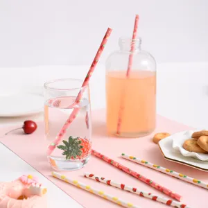 Colorful fruit pattern paper straws set, eco-friendly disposable straws for party decor.