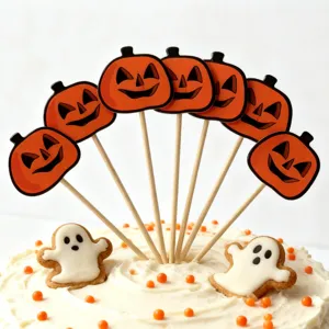 Halloween pumpkin cake toppers, cute ghost cookie decor for spooky party baking and desserts.
