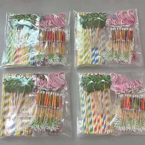 Hawaiian tropical party decorative picks and colorful paper straws detail view.