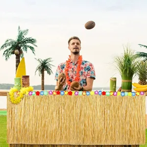 Hawaiian straw table skirt for tropical luau party decoration, vibrant fringe table decor 275x75cm
