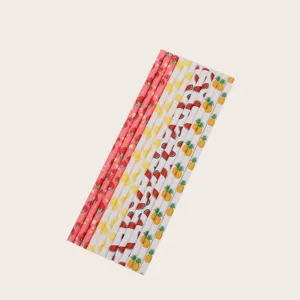 Close-up detail of colorful disposable paper straws featuring cute fruit patterns for parties.