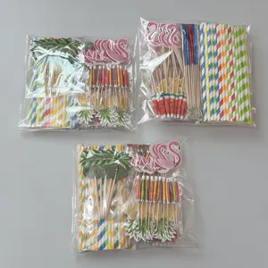 Tropical party decoration set including colorful paper straws, flamingo and palm tree picks.