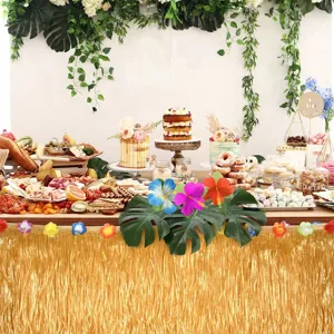 Hawaiian grass skirt table skirt gold tinsel party decor tropical luau decoration