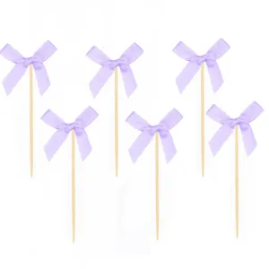 Purple bow cake toppers, fabric bows with wooden picks, 6 pieces for party and bakery dessert.