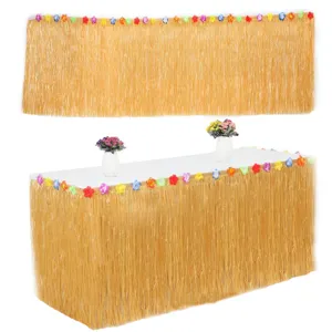 Hawaiian Luau Grass Table Skirt with Colorful Flowers Party Fringe Decoration Backdrop 275x75cm