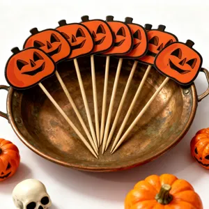 Halloween pumpkin cake toppers set, decorative wooden toothpick picks for dessert and fruit baking.