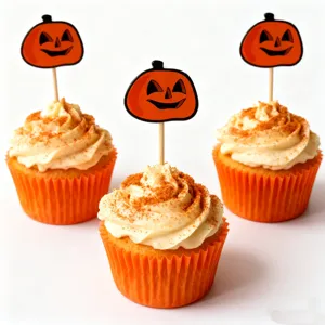 Detail shot of Halloween pumpkin cupcake toppers on delicious frosted cupcakes with orange wrappers.