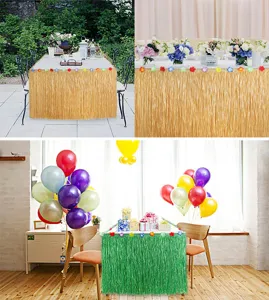 Detailed view of Hawaiian grass table skirt, perfect for tropical party decorations and events.