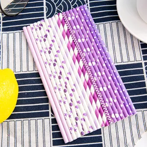 Kleurrijke wegwerp papieren rietjes set, biologische afbreekbare paarse drinkrietjes voor feest.