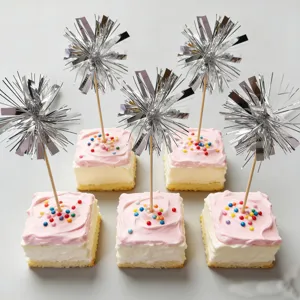 Silver tinsel cake toppers metallic fringe dessert picks for parties and birthdays 5pcs