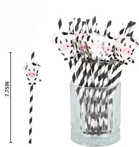 Cute cow paper drinking straws with black white stripes for party decorations, 7.75 inch length.