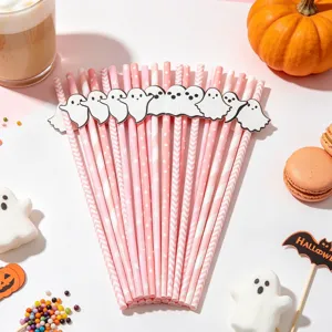 Halloween pink paper straws with cute ghost decorations for party table decor and dessert display.