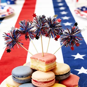 Patriotic fireworks cake toppers tinsel star picks for US Independence Day party desserts