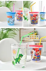Kinderen cartoon print glazen beker met gekleurde rietje kids drinken mok waterbeker