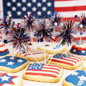 Independence day party cake topper red white and blue firework toothpicks cookie decor