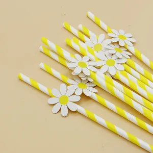 Decorative yellow striped paper straws with cute daisy flower card for party supplies use.