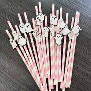 Halloween paper straws with cute ghost decorations, perfect for spooky party dessert table decor.