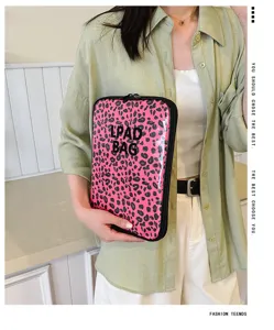 Transparent pink leopard print iPad sleeve and stylish laptop carrying bag