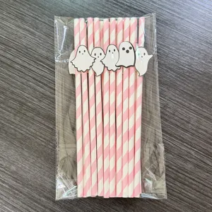 Halloween paper straws with cute ghost decorations, pink and white striped design for parties.