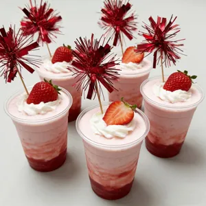 Red tinsel firework picks for cake and dessert decoration, party supplies and cupcake toppers.