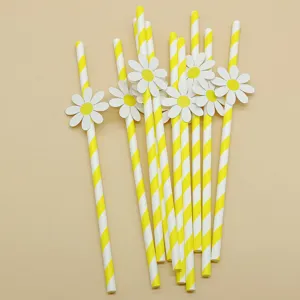 Yellow and white striped paper drinking straws featuring cute daisy flower cutouts for parties.