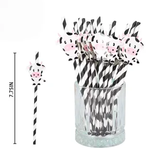 Cute cow paper straws for party decoration, black and white striped drinking straws 7.75in