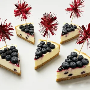 Detailed view of colorful red tinsel firework cake picks, perfect for festive dessert table decor.
