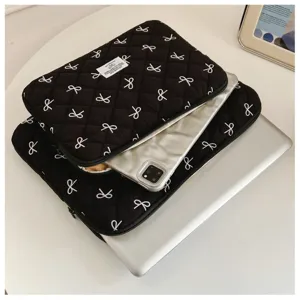 Housse d'ordinateur matelassée noire avec broderie nœud mignonne pour 14 pouces et tablette