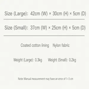 Tote bag size chart details with large and small dimensions, fabric and weight specs.