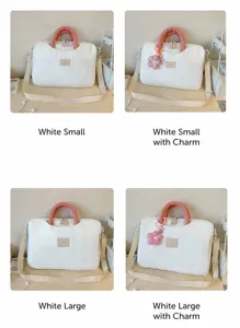 White quilted laptop bag tote handbag with pink handle and optional flower charm for women