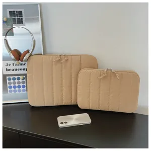 Quilted laptop sleeve tablet storage bag minimalist khaki striped case for 11 13 15 inch
