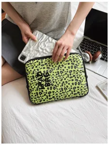Transparent leopard print laptop bag detail view, stylish 11 inch tablet sleeve case for daily.