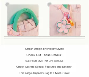 Detailed shot of the pink textured tote bag with green handles and cute flower pendant charm.