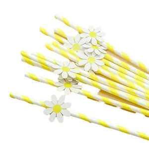 Yellow and white striped paper straws with cute daisy card decorations for party supplies.