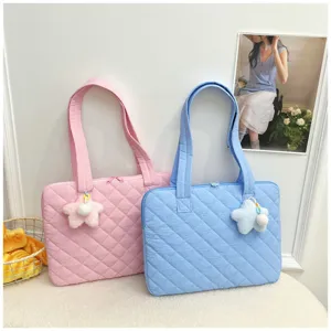 Korean quilted laptop bag 14 inch cute star pendant tote aesthetic notebook sleeve for women