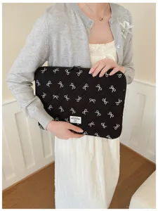 Sac Housse Ordinateur Portable 14 Pouces Matelassé Nœud Brodé Pochette Tablette