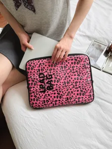 Pink leopard print transparent iPad sleeve and laptop bag for 11 to 14 inch devices stylish